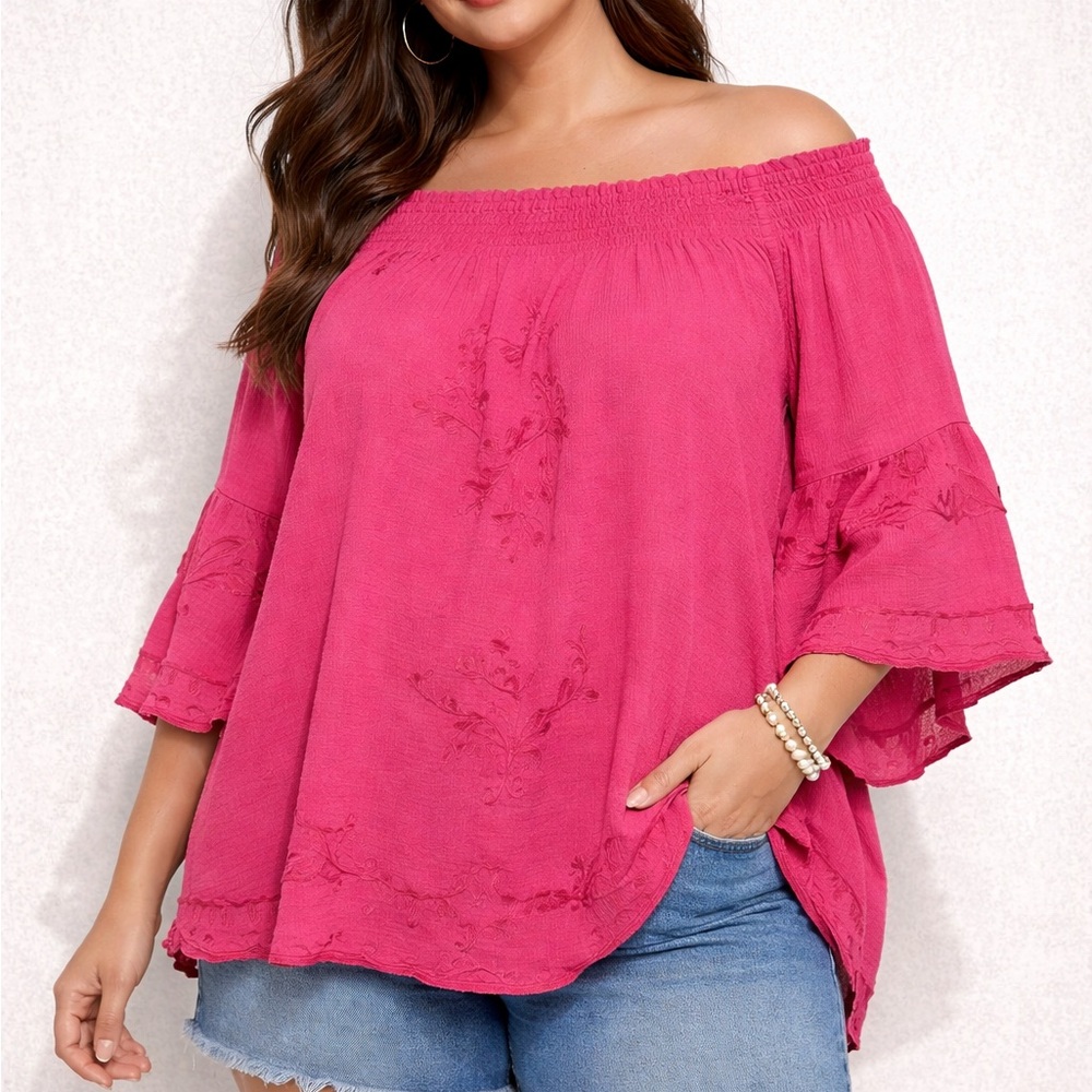 Ally Miles Pink Embroidered Peasant Blouse 2X Boho Cotton Top Smocked Neck